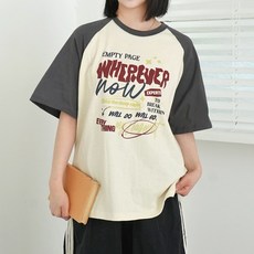 [키140/키150/키160] 키키코 페이지배색나그랑반팔티 키작녀 중학생 오버핏 배색 나그랑 레터링 프린팅 반팔 티셔츠