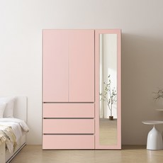 바로방가구 이븐 터치 빅수납 전신거울 서랍 옷장 1200세트 드레스룸 시스템장, 핑크