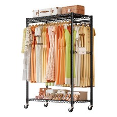 MeFun 이동식 스탠드 드레스룸 행거 프리미엄 철제 튼튼한 대용량 선반 옷장, 블랙