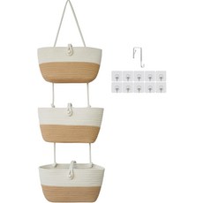 TeoKJ 오버 더 도어 걸이 바구니 버튼 스트랩 3단 직조 면 수납 정리 가방 벽걸이 후크 장식 - 블랙, White&Jute, 3 tier+Pearl, 1