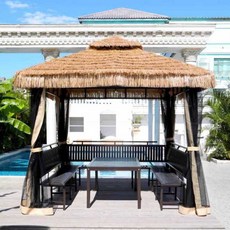 시골정자 파라솔 조립식 정원 그늘막 텐트 초가지붕, 3. 2.5x2.5미터-초가집 정자+커튼