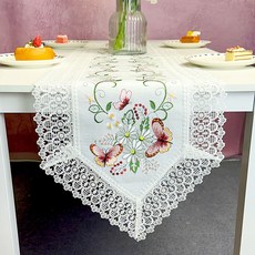 CLOUD RISING 린넨 느낌 폴리 자수 테이블 러너 봄 나비 플로럴 레이스 홈카페 삼각 코너 식탁보, 1개, 40*220cm, 나비 플라워 - 화이트
