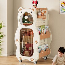 可愛小熊造型兒童書架 帶輪移動式玩具收納櫃 多層透明櫃門寶寶繪本置物架, 奶油色, 2層