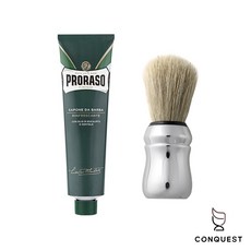 CONQUEST Proraso 義大利刮鬍膏鬍刷組，各種鬍鬚毛質適用，入門刮鬍領導品牌, 1個, 綠 - 薄荷沁涼 + 鬍刷, 150mL