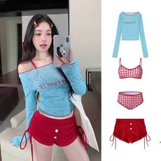 4피스 수영복 세트 빨간색 비키니 반바지 커버업수영복 비치