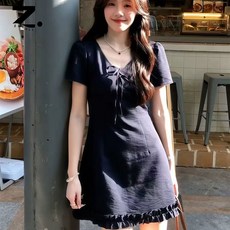 Zoovit 여성 브이넥 프릴 미니 원피스 여름 슬림핏 반팔 미니 원피스