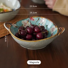 일본 스타일 꽃 무늬 수프 그릇 Underglaze 700ML 세라믹 더블 귀 내구성 홈 주방 깊은 도자기 식기, 01 7.5인치