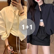 지디오 여성 히든 포켓 크롭 바람막이 2개 세트 점퍼 숏 자켓 집업 루즈핏 봄 가을 간절기 바스락 아우터