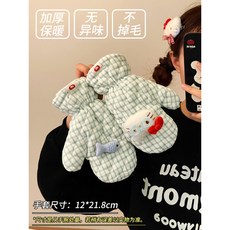 ATJK 2025新款冬季毛絨連指網紅手套 女保暖加絨戶外騎行防寒學生手套, 藍色格紋小貓手套