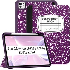 Fintie SlimShell 케이스 아이패드 프로 11인치 (M5) 2025 / (M4) 2024용 - [내장 펜슬 홀더] 부드럽고 유연한 TPU 보호 스탠드 백 커버 컴포, composition book purple