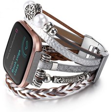 핏빗 스트랩 스마트워치 헬스 여성 남성용 핏비트 버사 4/버사 3/센스/센스 2 밴드와 호환되는 보호 가죽 팔찌 스마트워치용 핸드메이드 주얼리 다층 랩 교체, Silver, Fit for wrist 5.12"-7.1"