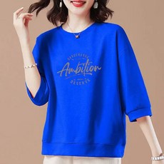 ROYALBELLE 여성 레터 프린트 라운드넥 루즈핏 캐주얼 칠부소매 크롭 맨투맨 V01011820