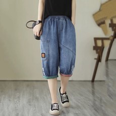 여성 하이웨스트 데님 배기팬츠 여름 루즈핏 밴딩 스판 얇은소재 7부 청바지