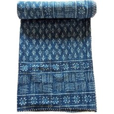 블루 인디고 킹 블록 수제 보헤미안 핸드 프린트 순면 침대 스프레드 칸타 스티치 히피 리버서블 커버 던지기 퀼트 (블루 1), 블루 1