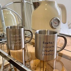 超值 304不鏽鋼食品級雙層咖啡杯簡約家用情侶可愛字母耐高溫 副廠商品, 1個, 白色