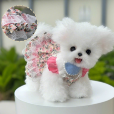 핑크 플라워 프린트 레이스 드레스 진주 칼라 소형견 귀여운 데일리 캐주얼 옷, 1개, Pink