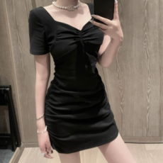 JQS 섹시 홀복 빅사이즈 XL 셔링 스퀘어넥 미니 원피스 1163