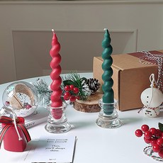페페무드 통통 트위스트 테이퍼 캔들 (레드 그린) + 베이직 유리 촛대 세트, 레드(블랙베리&베이)+그린(우드세이지&씨솔트), 1개