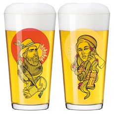 【德國RITZENHOFF】FARBKNALL 時尚圖騰啤酒杯/萬用對杯 (一組2入) - 德國製玻璃杯, 1個, 伐木工與馴鷹者 (1組2入)