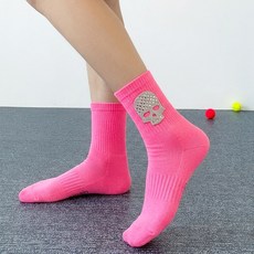 푹신푹신 두꺼운 형광 골프 사이클 운동 스포츠 해골 보석 장식 여성 중목 양말, 형광핑크, 1개