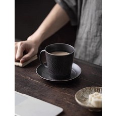 跳刀咖啡杯 黑色陶瓷 跳刀紋理 帶杯托, 商品主圖, 1個