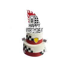 교통 콘 및 플래그 체크 검정 깃발 생일 무늬 흰색 테마 장식 자동차 용 레이싱 경주, Cake Decor