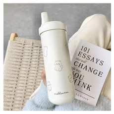 大象保溫珍奶隨行杯, 高透明度耐熱耐酸, 堅固耐用, 粗吸管, 720ml, 小貓 白色, 1個