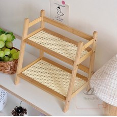 【可超取】 ins中古風 藤編奶油色雙層桌面置物架 宿捨臥室辦公廚房杯架 整理架 桌面整理架子 桌上置物架, 1個, 雙層置物架長26.5*寬18*高28.5,適用（水杯-筆筒-零食-綠植-擺件）