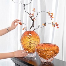 妃雪森 琉璃花瓶 創意餐桌擺件 客廳裝飾品, 火山石 琥珀色小號