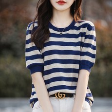 여성 스트라이프 라운드넥 부드러 5부 니트반팔티 티셔츠LCL147