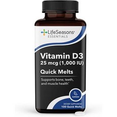 LifeSeasons Essentials Vitamin D3 Quick Melts – 25 mcg (1 000 IU) Cholecalciferol – Bone Teeth &, 1개, 100정