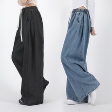 오버나인 여자 여성 숏롱 기장선택 와이드 핀턱 밴딩 데님 팬츠 청바지