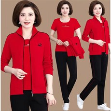 남극인 엄마 봄옷 2022 중노년층 트레이닝복세트 여성 봄가을 빅사이즈 중년 쓰리 피스이다, 1개, 전 진홍 (반팔 이너웨어 )_코트 _