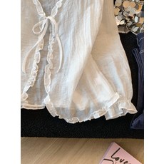 法式木耳邊V領系帶長袖襯衫女夏季外搭微透寬鬆防曬開衫外套