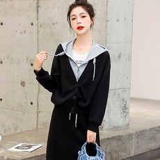 [시즌오프특가] 제이로그 레이어드 배색 후드 집업 가디건 레투스후드