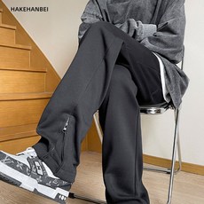 美式拉鏈薄款直筒褲 高街顯瘦時尚灰色運動長褲 男款開叉微喇休閑褲, 5XL码 建议体重（100-110公斤）, 黑色