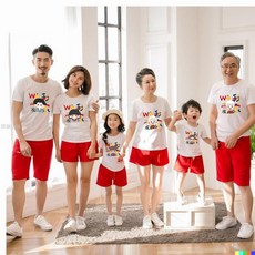 LAIMENGDE 親子裝 全家服 圓領純棉T恤 我們愛家卡通圖案 祖孫服家族服
