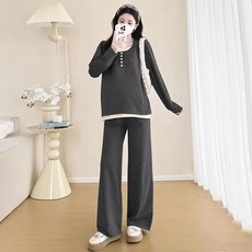 임산부 투피스 바지 세트 봄 가을 니매일 착용하기 좋은 세련된 캐주얼 스타일의 편안한 니트 투피스 세트 JS