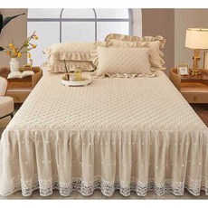 킹사이즈 사계절 레이스 자수 침대 스커트 퀸사이즈, 1개, 리사-화이트 180x200cm+베개