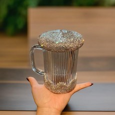 臺灣出貨家用便攜玻璃杯輕奢鑲鑽帶手柄帶蓋水杯高顏值大容量啤酒杯網紅款, XZ9095鑲鑽輕奢便攜玻璃杯, 1個
