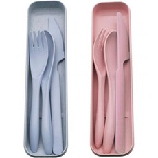 2개 포터블 여행용 식기 세트 케이스 포함 휴대용 캠핑 플라스틱 재사용 가능한 숟가락 포크 칼 여행 피크닉 학교 야외용 블루 핑크