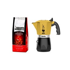BIALETTI Brikka 摩卡壺，輕鬆享受濃郁義式咖啡，家用咖啡神器, 鑽石加壓黃色4杯份+500g咖啡豆
