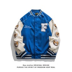 Dee studios클라인 블루 만화 곰 야구 코트 남성과 여성을위한 봄PU가죽 자켓 타이드 브랜드