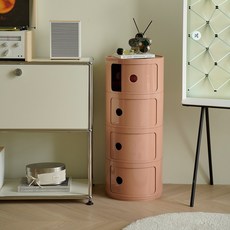 [리비니아] 레트로 선반 원형 슬라이딩 도어 2단 3단 4단 수납장 협탁 사이드테이블 모듈서랍장, 핑크