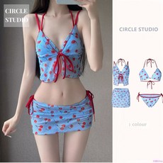 比基尼泳衣 顯瘦泳衣 兩件式泳衣 性感泳衣 分體泳衣 少女風印花性感比基尼三件套泳衣女三角裙式溫泉海邊泳裝, 卡其色,S ( 建議使用 37.5-45.0 k