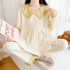 임산부 잠옷 상하의 세트 봄 가을 임부용 귀여운 플라워 파자마 세트 편안한 루즈핏 홈웨어 JS