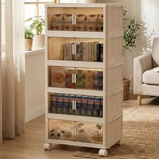 엔터홈 이동식 폴딩박스 접이식 수납 캐비닛 다용도 리빙박스 정리함 투명문 고급형, 아이보리 화이트+브라운 투명창문