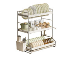 三層不鏽鋼餐具瀝水架，廚房碗碟收納置物架，附餐具收納盒及瀝水盤, 3层+筷筒+砧板, 1個