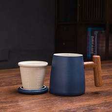 日式玻璃泡茶壺 功夫茶具套裝 自動過濾 茶水分離 濾茶器, 1個, 檀木把款深藍