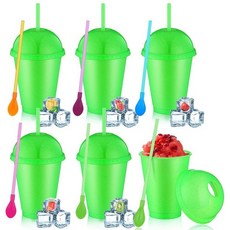 Ninehaoou 돔 뚜껑과 빨대가 있는 슬러시 컵 6세트 탈착식 스푼 빨대 재사용 가능한 플라스틱 아이스 커피 스무디 텀블러 생일 여름 파티 용품(라이트 색상 709., 16 oz, 초록색